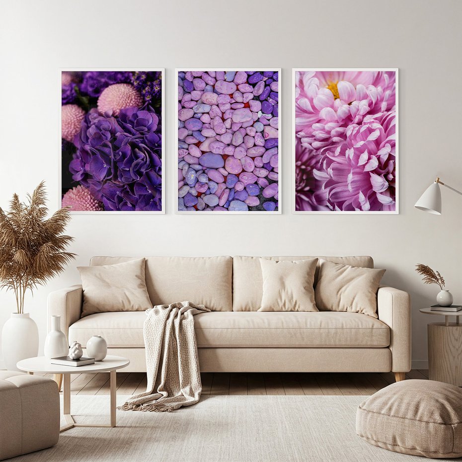 Zestaw obrazy w ramie, plakaty - kwiaty, kamienie, fioletowy - rama biała