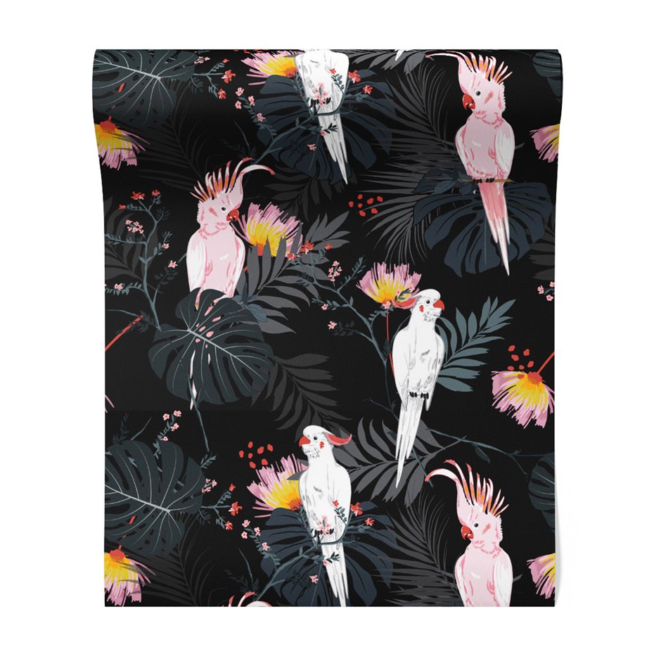 Tapeta - liście, papugi, kwiaty