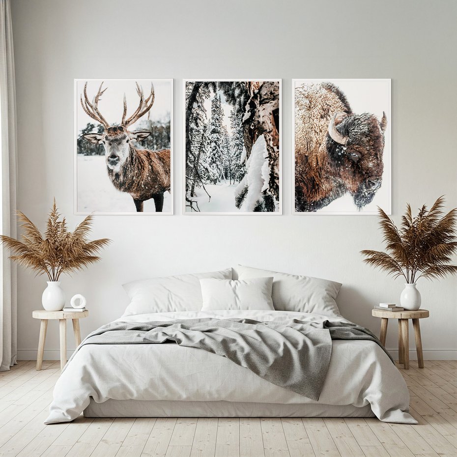 Zestaw obrazy w ramie, plakaty - zwierzęta, zima, śnieg - rama biała
