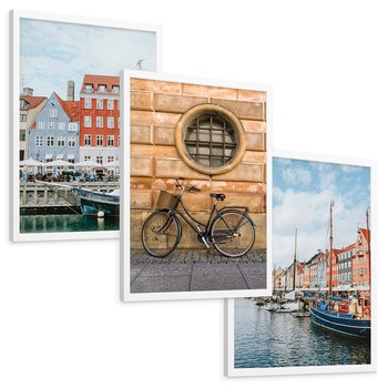 Zestaw obrazy w ramie, plakaty - miasto, budynki, kanał - rama biała