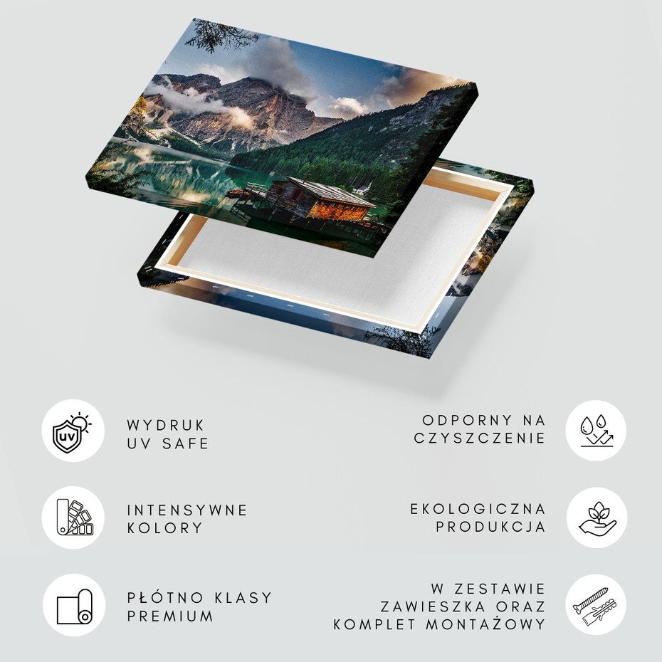 Obraz na płótnie - góry, jezioro, drewniany dom