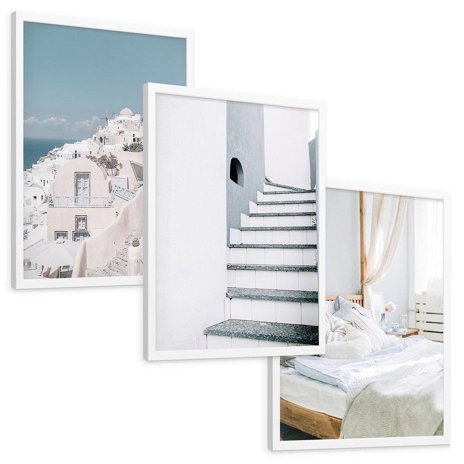 Zestaw obrazy w ramie, plakaty - budynki,schody,łóżko - rama biała