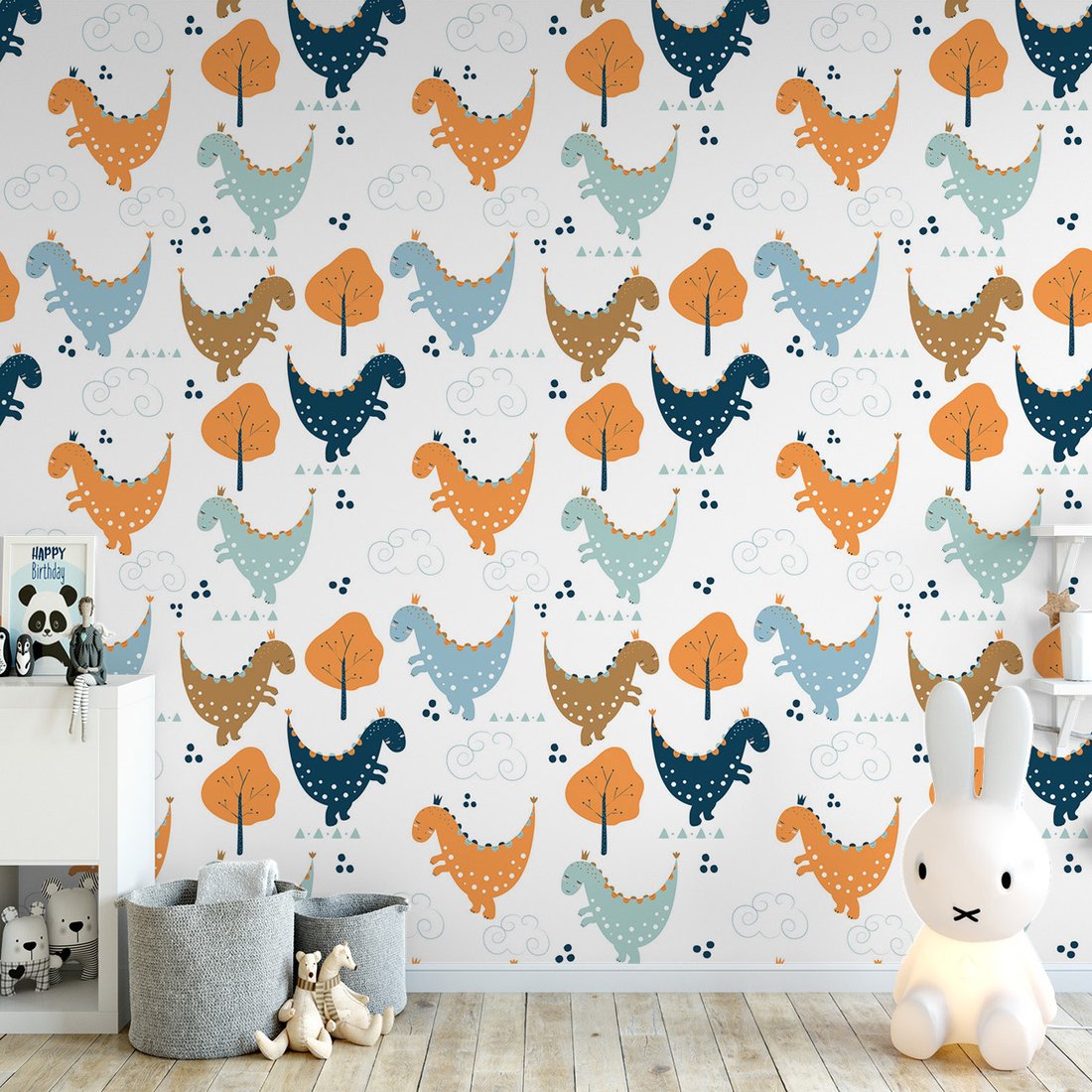 Tapeta - dziecięca, dinozaury, drzewa, chmury