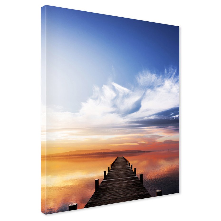 Obraz na płótnie - jezioro, molo, zachód słońca