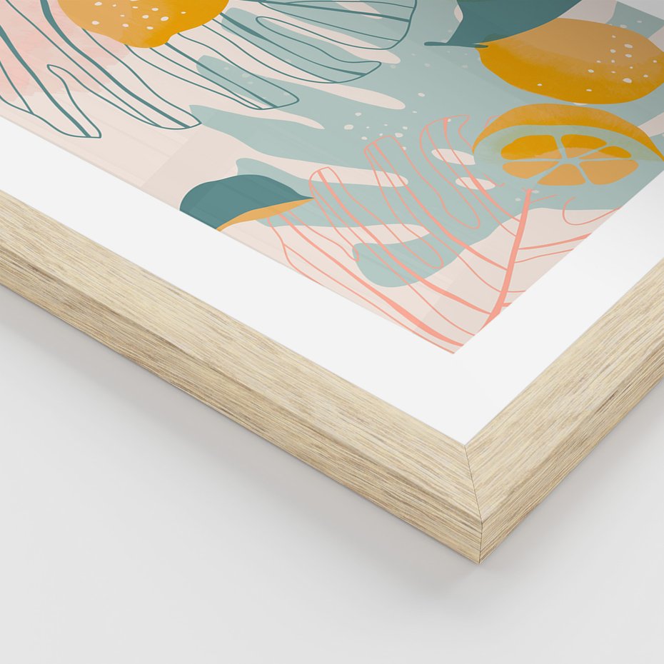 Zestaw obrazy w ramie, plakaty - liście, cytryny, abstrakcja - rama drewno