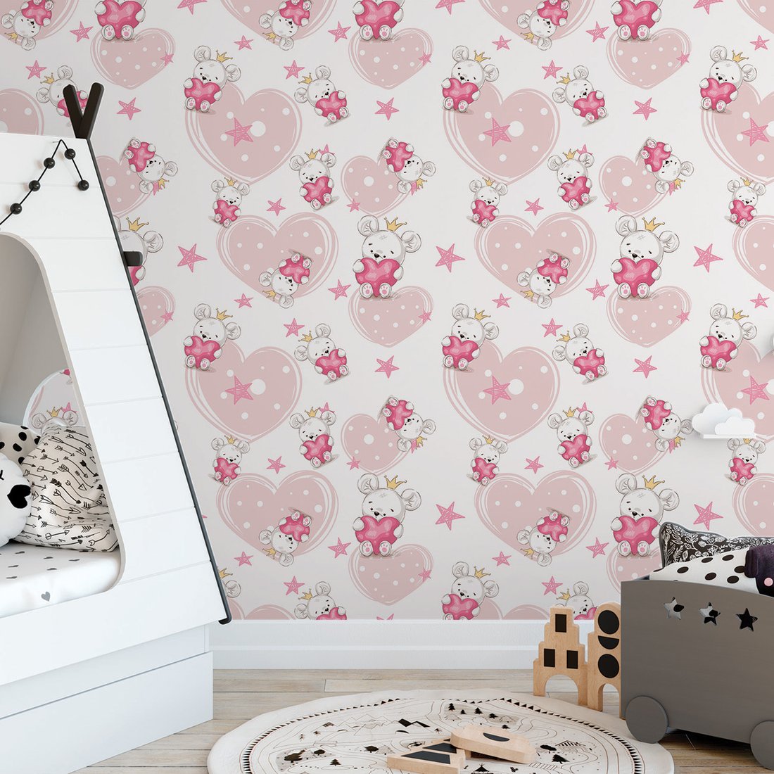 Tapeta - dziecięca, serce, korona, myszka