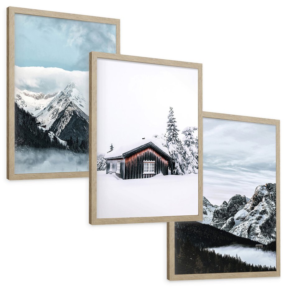 Zestaw obrazy w ramie, plakaty - zima, śnieg, góry - rama drewno