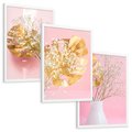 Zestaw obrazy w ramie, plakaty - kwiaty, liście, złoty - rama biała