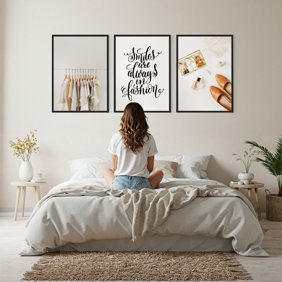 Zestaw obrazy w ramie, plakaty - ubrania, akcesoria, minimalizm - rama czarna