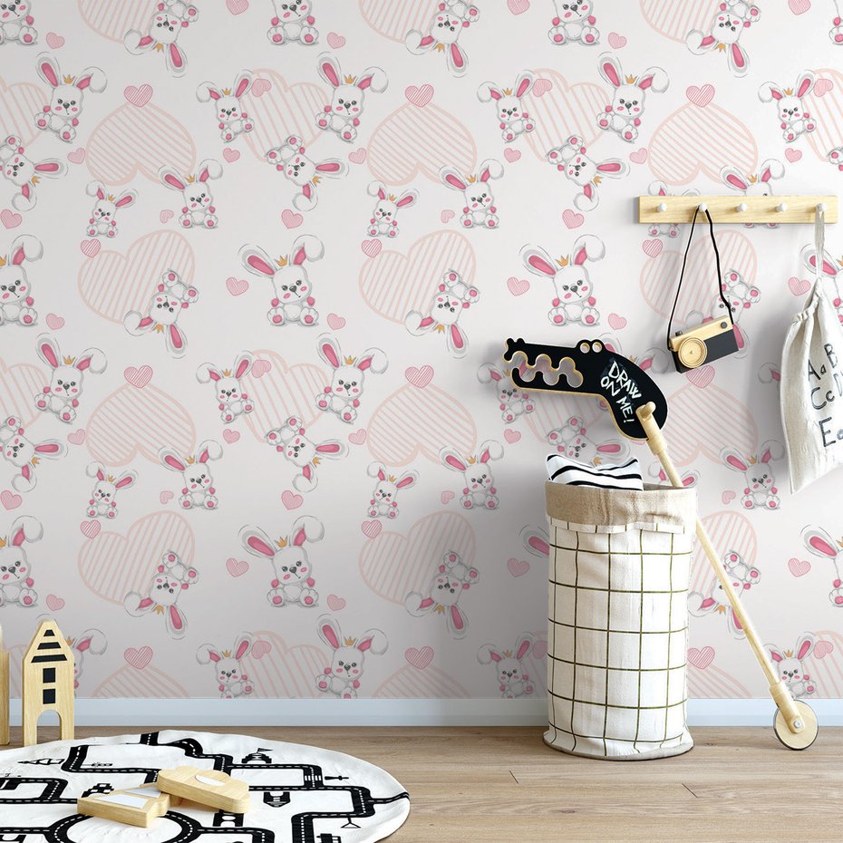 Tapeta - dziecięca, królik, serce, korona