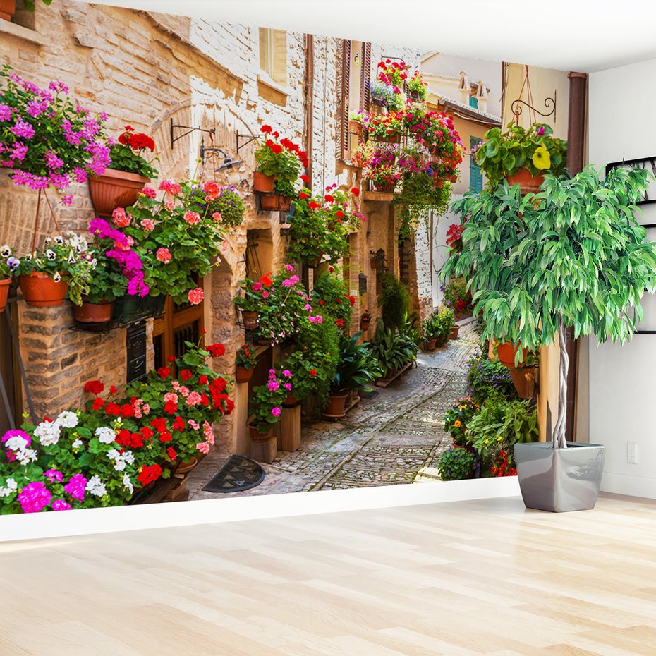 Fototapeta - uliczka, kwiaty, doniczki