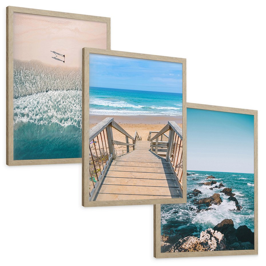 Zestaw obrazy w ramie, plakaty - plaża, morze, woda - rama drewno