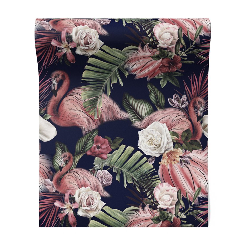 Tapeta - flamingo, liście, kwiaty