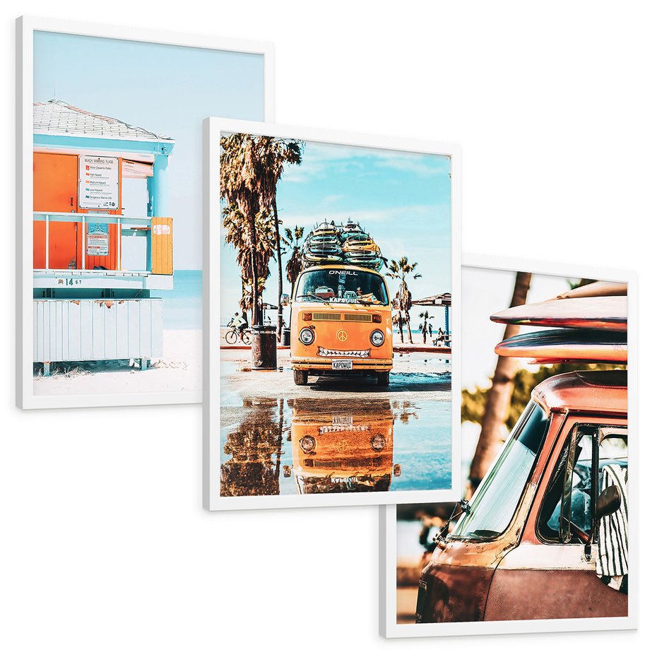Zestaw obrazy w ramie, plakaty - plaża, wakacje, lato - rama biała