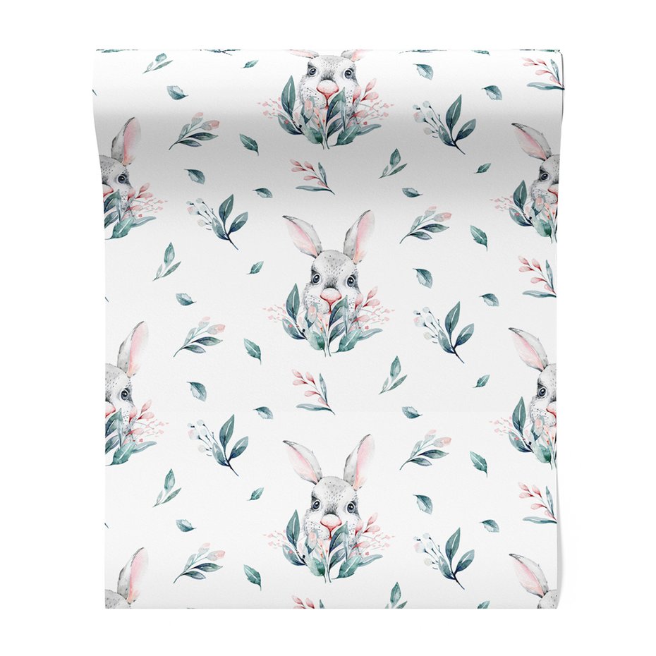 Tapeta - dziecięca, królik, liście, kwiaty