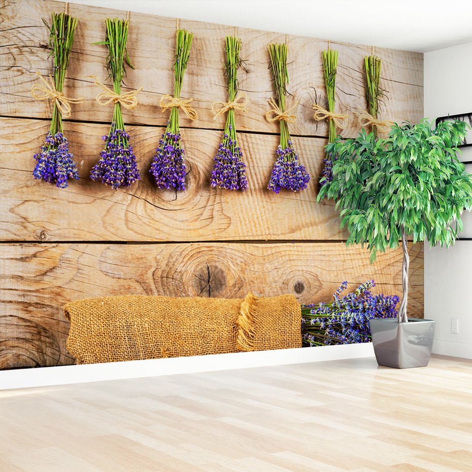 Fototapeta - lawenda, kwiaty, drewno