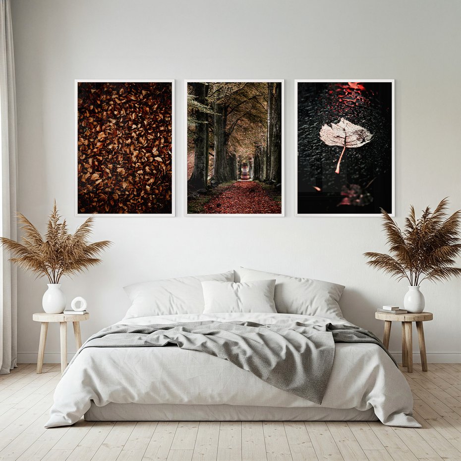 Zestaw obrazy w ramie, plakaty - liście, drzewa, jesień - rama biała