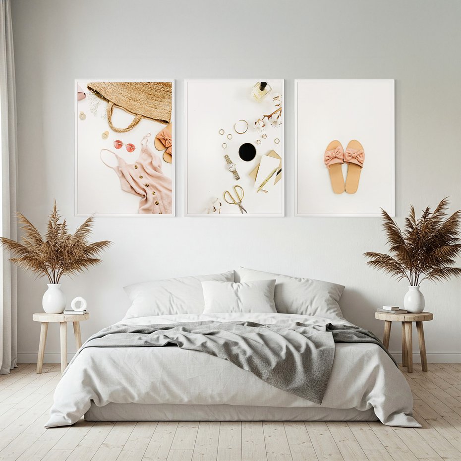 Zestaw obrazy w ramie, plakaty - akcesoria, różowy, złoty - rama biała