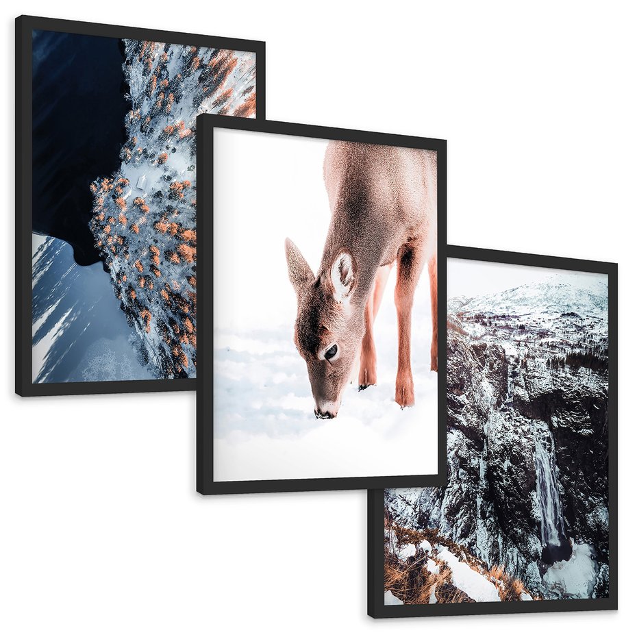 Zestaw obrazy w ramie, plakaty - zima, śnieg, natura - rama czarna