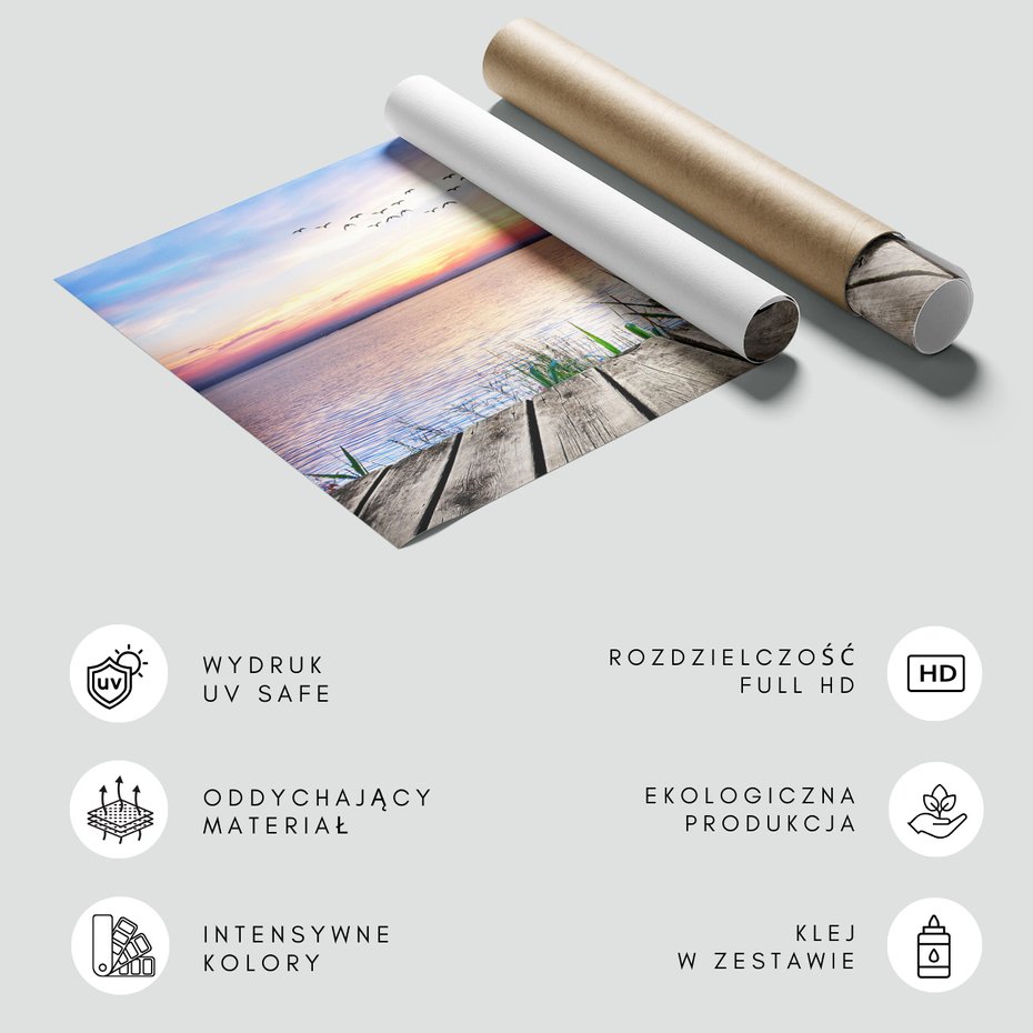 Fototapeta - zachód słońca, jezioro, ptaki