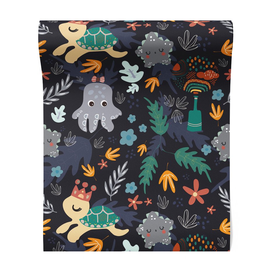 Tapeta - dziecięca, żółw, ośmiornica, liście