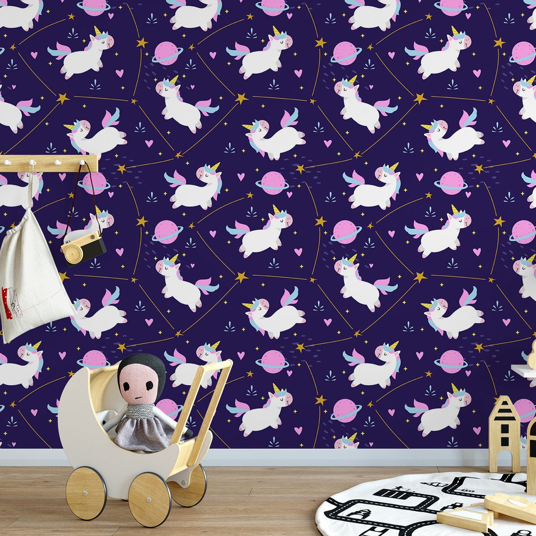 Tapeta - dziecięca, jednorożce, gwiazdy, planety