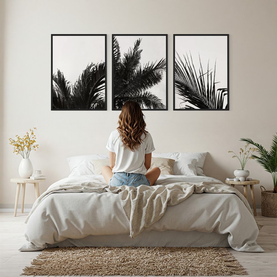 Zestaw obrazy w ramie, plakaty - palmy, liście, tropikalne - rama czarna