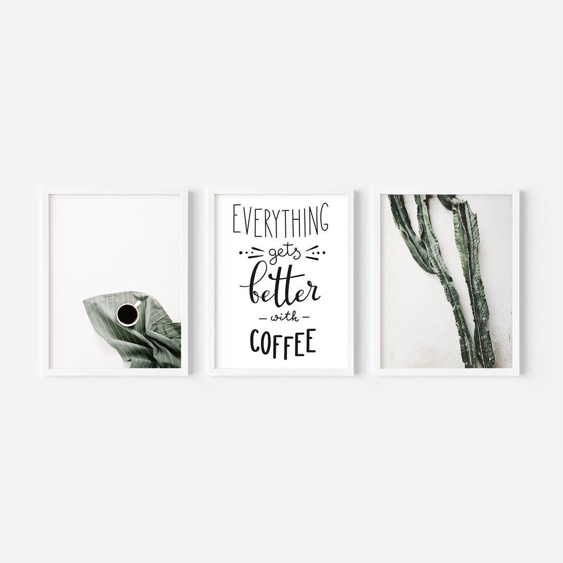 Zestaw obrazy w ramie, plakaty - kawa, kaktus, napisy - rama biała