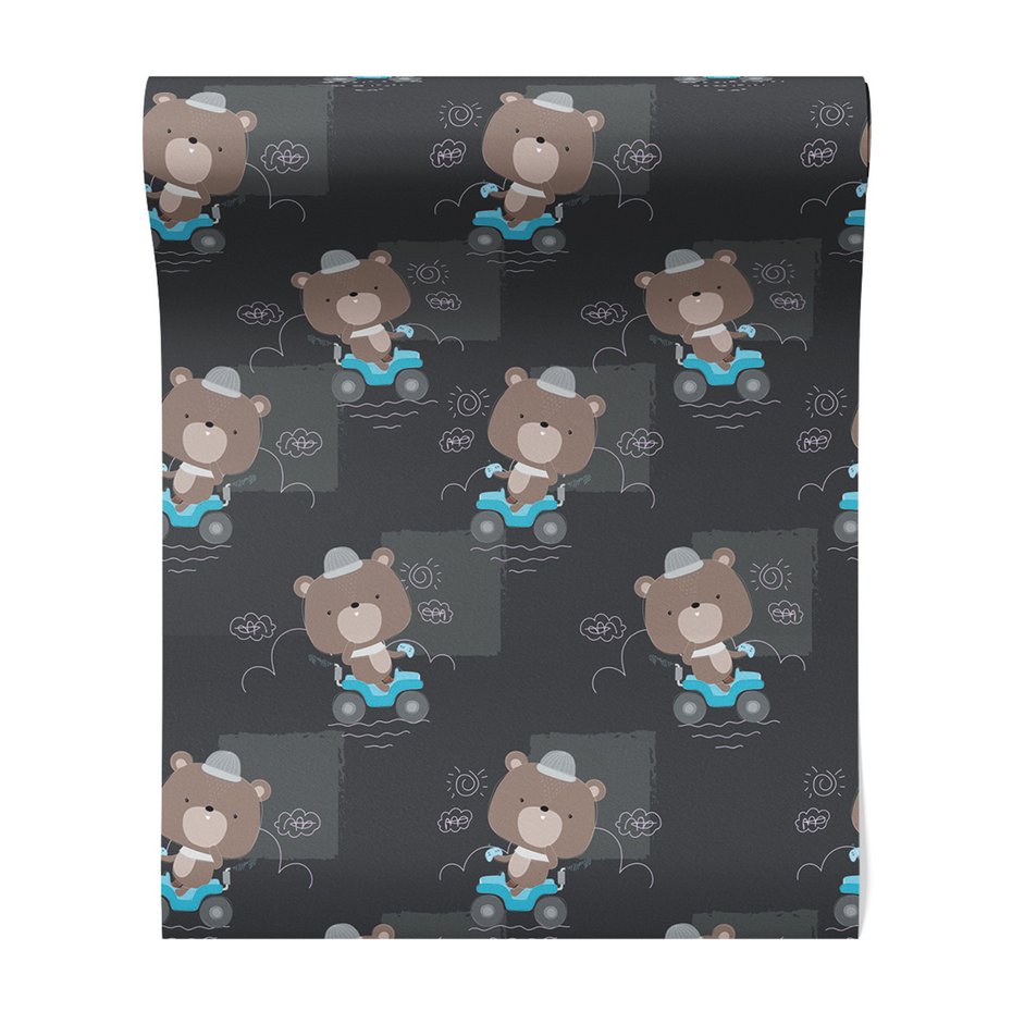 Tapeta - dziecięca, niedźwiedź, pojazd, chmury