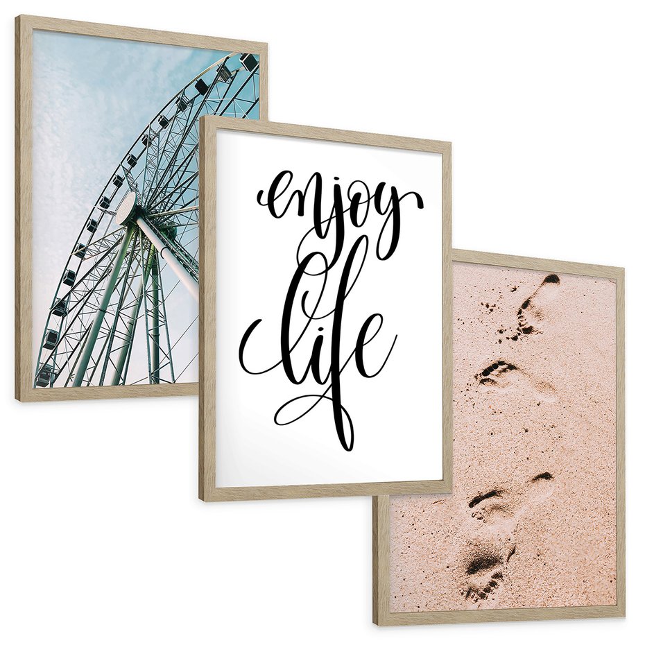 Zestaw obrazy w ramie, plakaty - wakacje, plaża, piasek - rama drewno