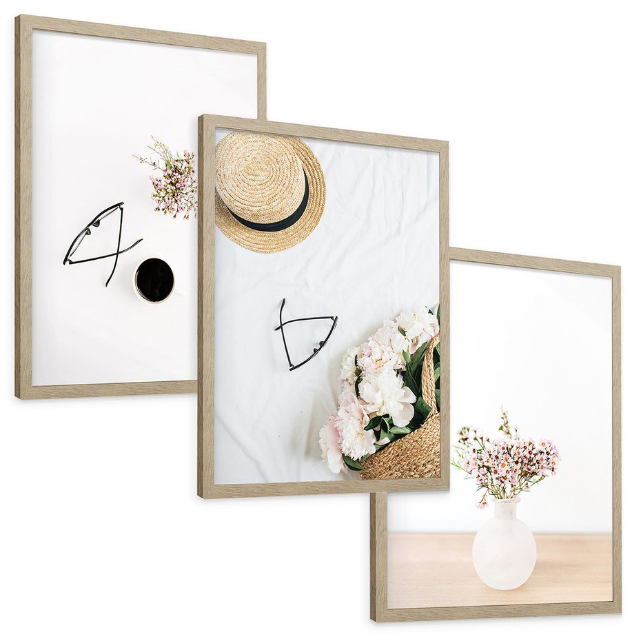 Zestaw obrazy w ramie, plakaty - kwiaty, okulary, kompozycja - rama drewno