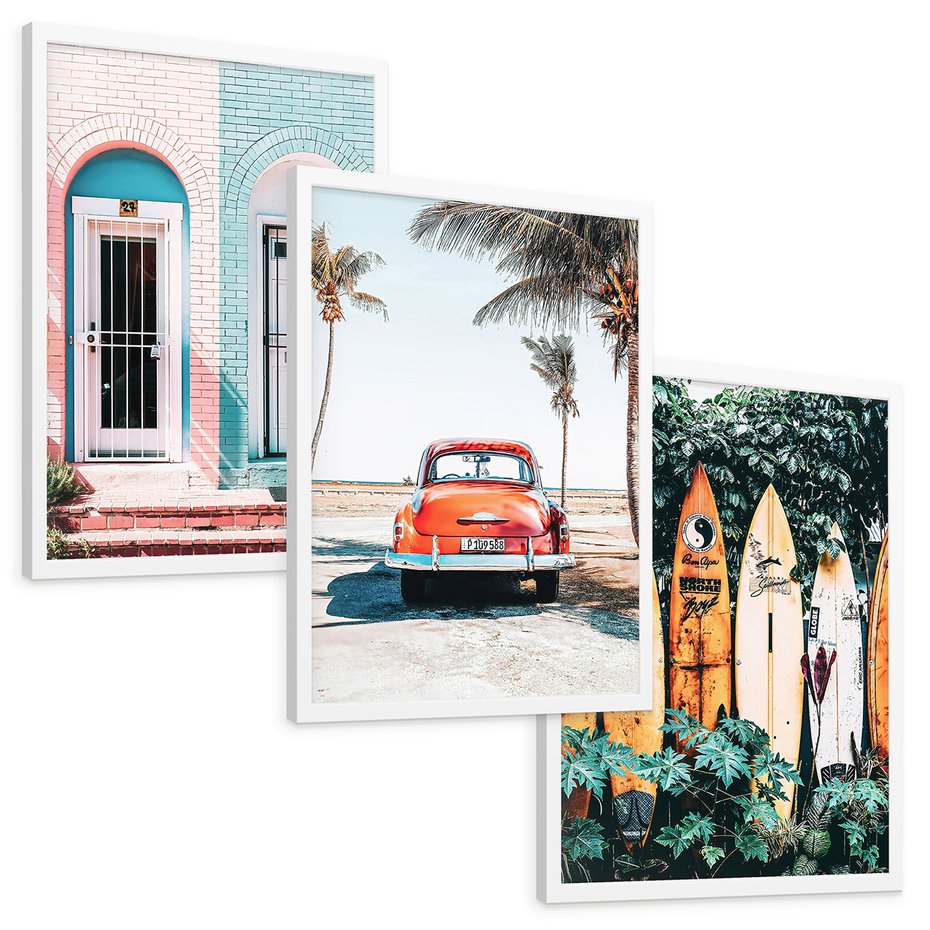 Zestaw obrazy w ramie, plakaty - palmy, samochód, deski surfingowe - rama biała