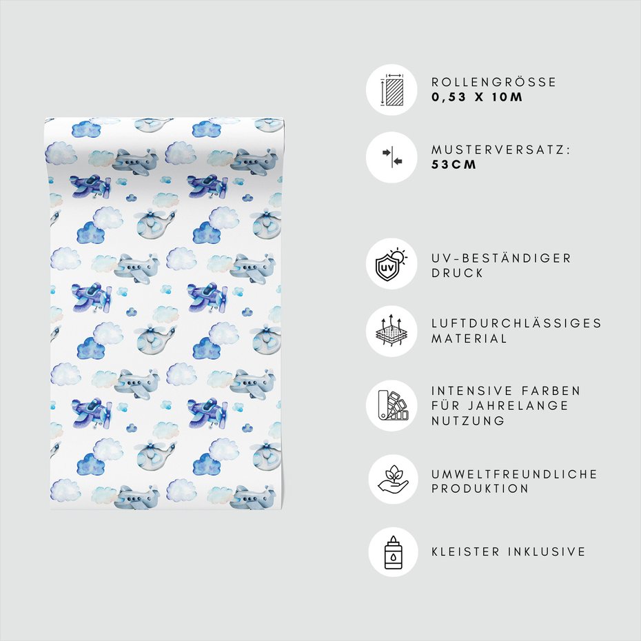 Tapeta - dziecięca, samoloty, chmury, helikoptery