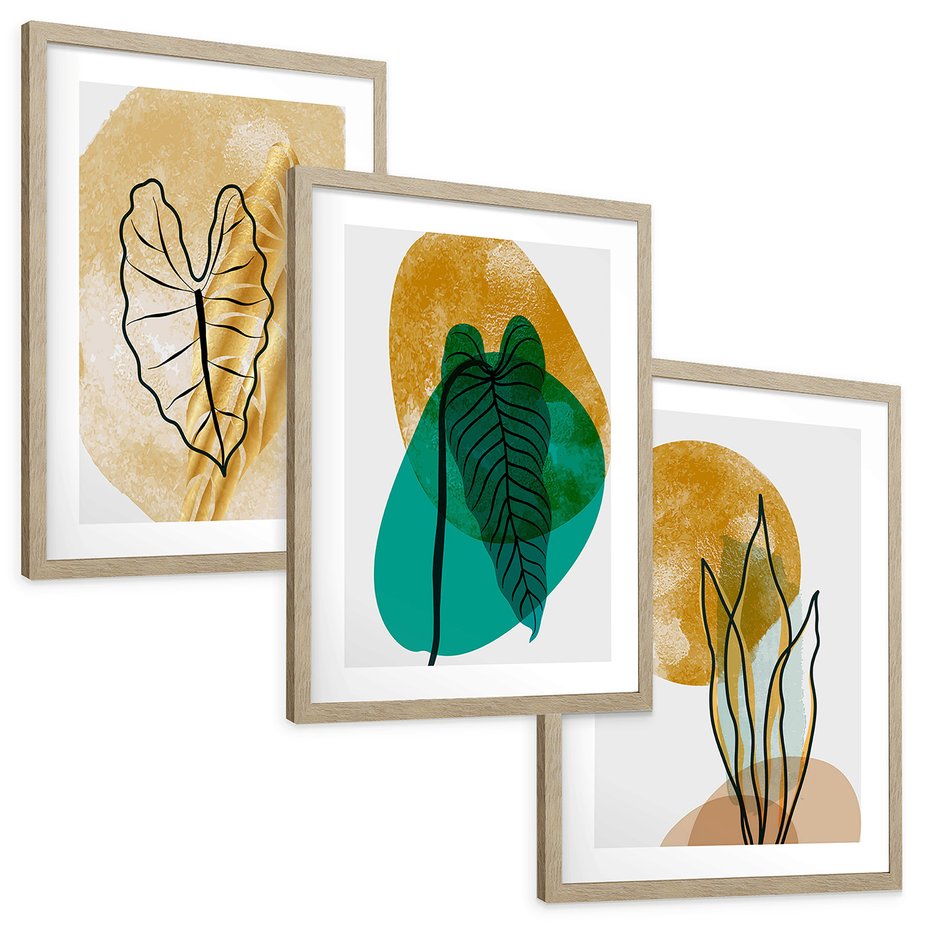 Zestaw obrazy w ramie, plakaty - liście, abstrakcja, rośliny - rama drewno