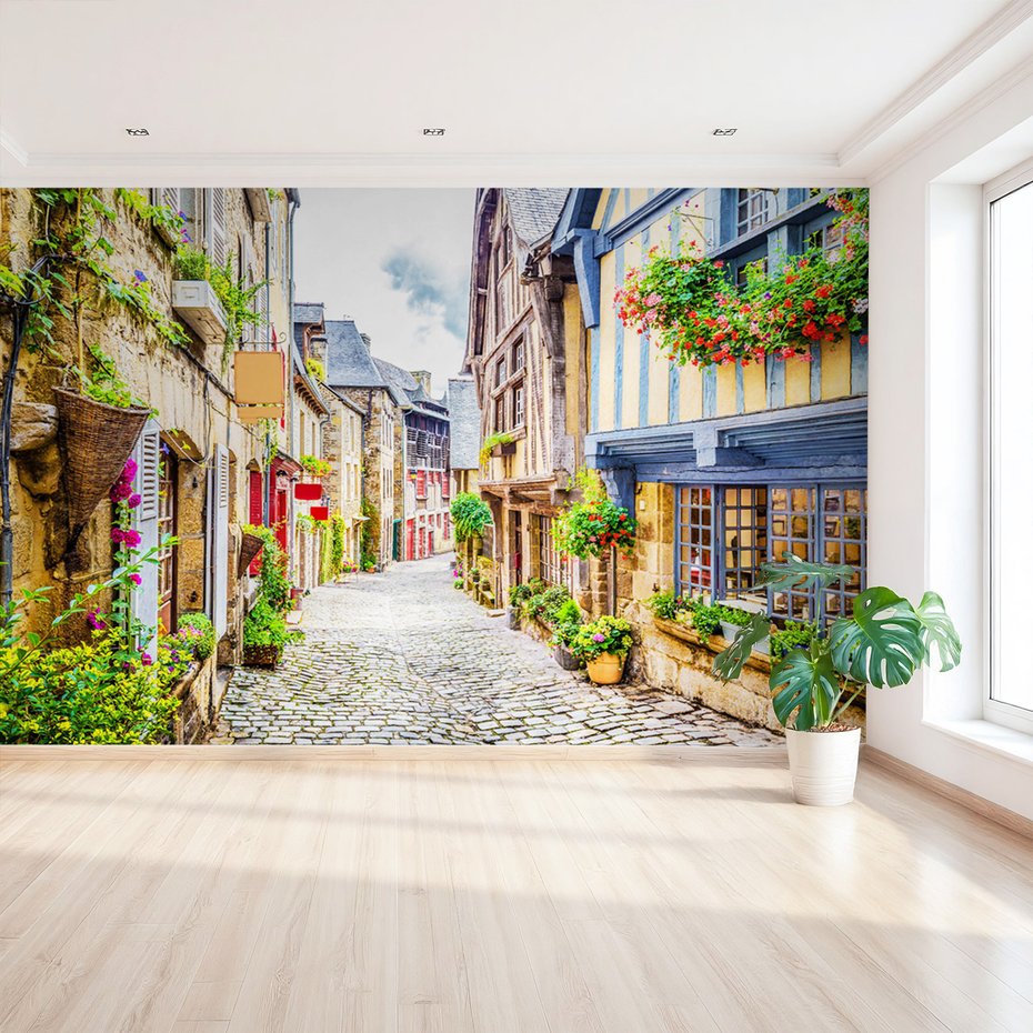 Fototapeta - uliczka, kwiaty, budynki