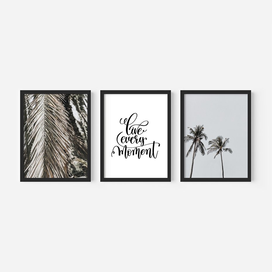 Zestaw obrazy w ramie, plakaty - liście, palmy, napisy - rama czarna
