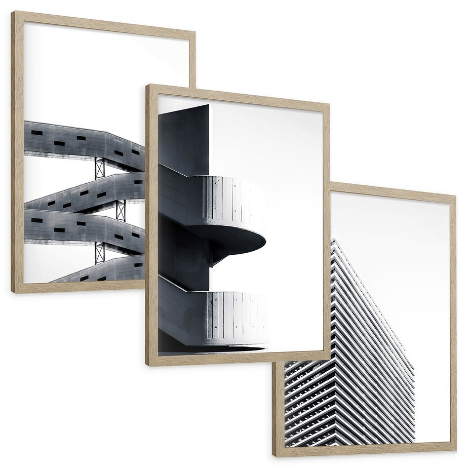 Zestaw obrazy w ramie, plakaty - architektura, budynki, minimalizm - rama drewno