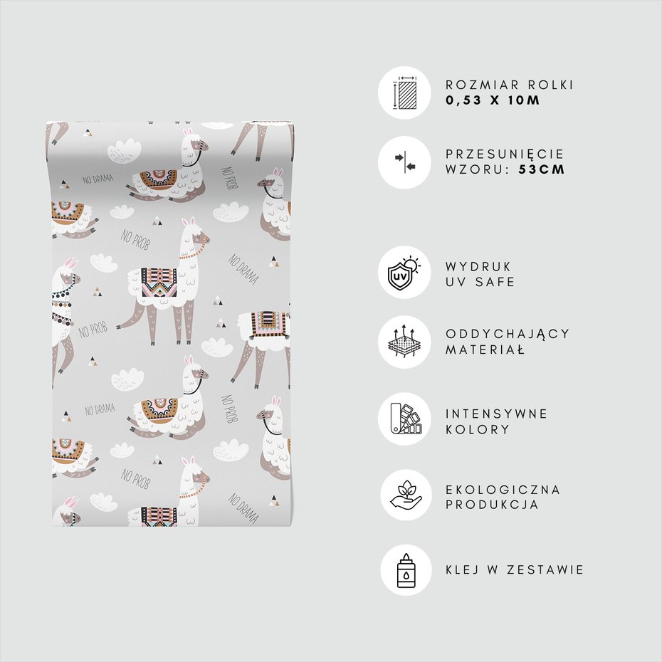 Tapeta - dziecięca, lama, chmury, napisy