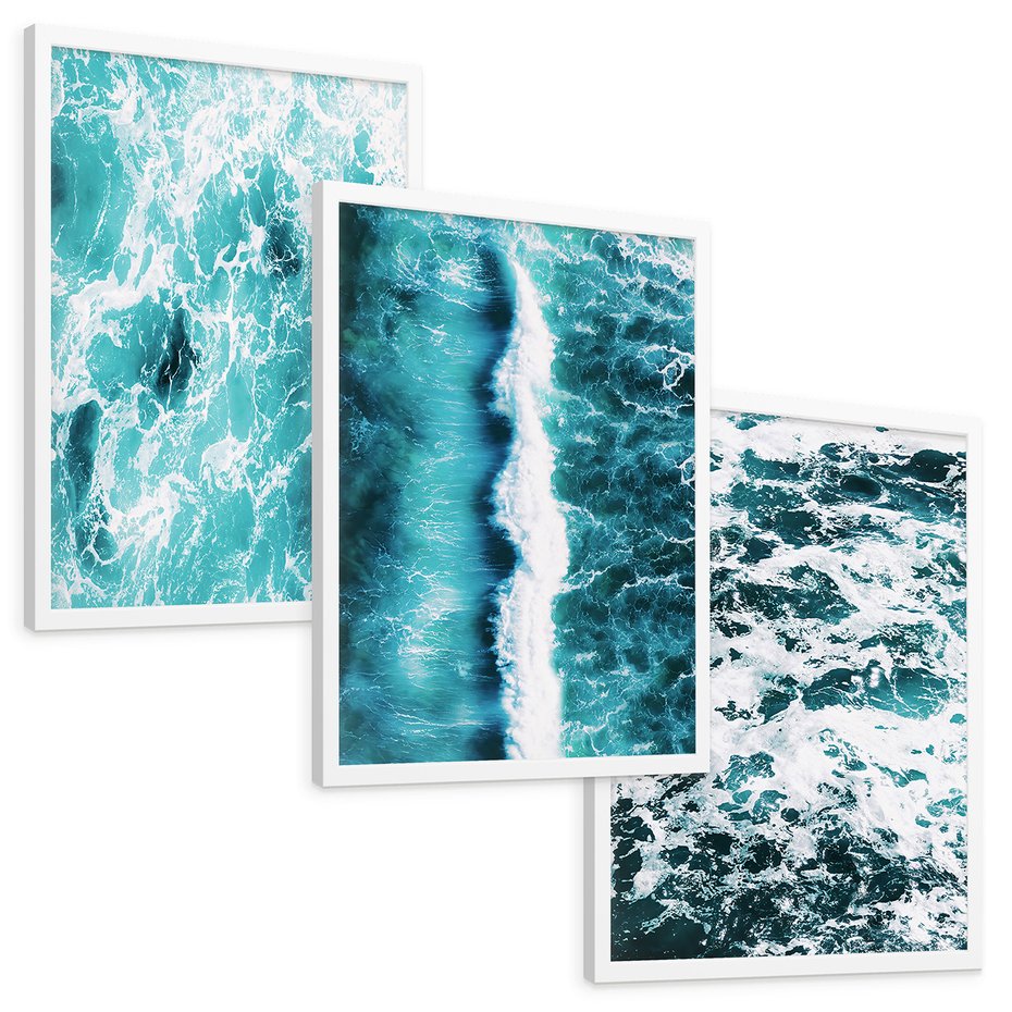 Zestaw obrazy w ramie, plakaty - woda, fale, turkusowy - rama biała