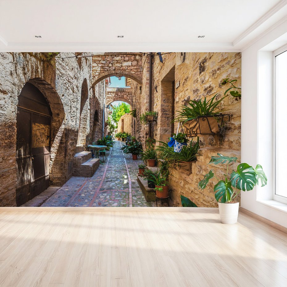 Fototapeta - uliczka, kamień, kwiaty