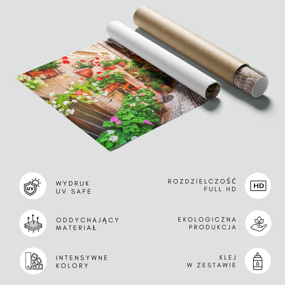 Fototapeta - kwiaty, uliczka, doniczki