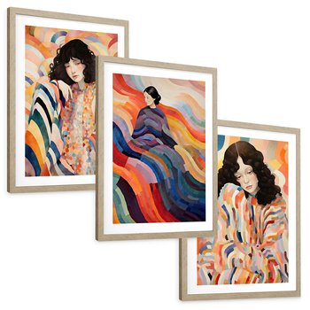 Zestaw obrazy w ramie, plakaty - kobieta, wzory, kolory, - rama drewno