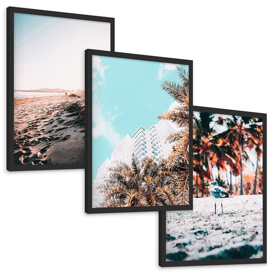 Zestaw obrazy w ramie, plakaty - plaża, palmy, budynek - rama czarna