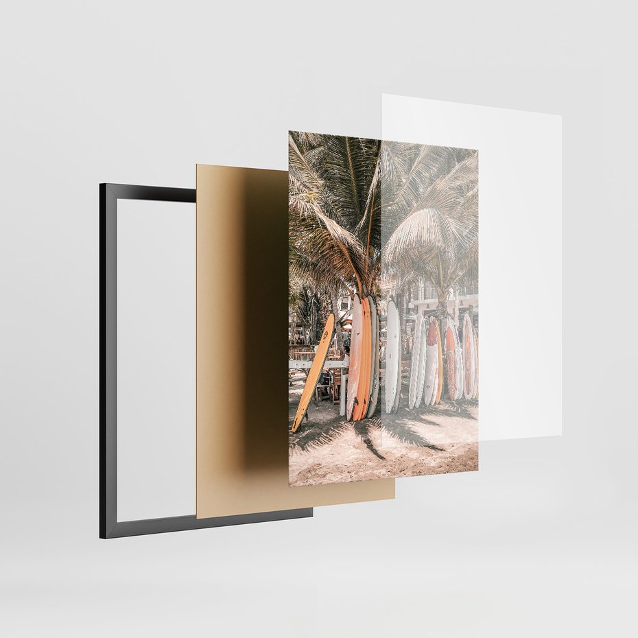 Zestaw obrazy w ramie, plakaty - palmy, deski surfingowe, plaża - rama czarna