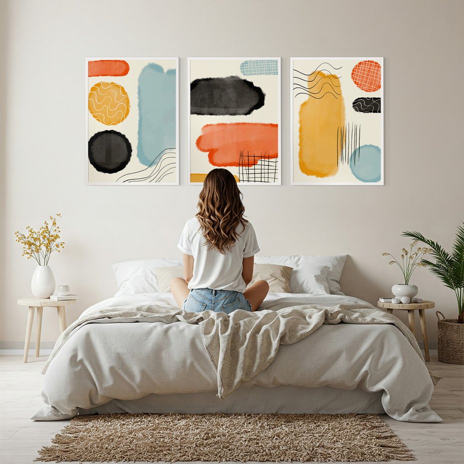 Zestaw obrazy w ramie, plakaty - abstrakcja, pastelowe, geometryczne - rama biała