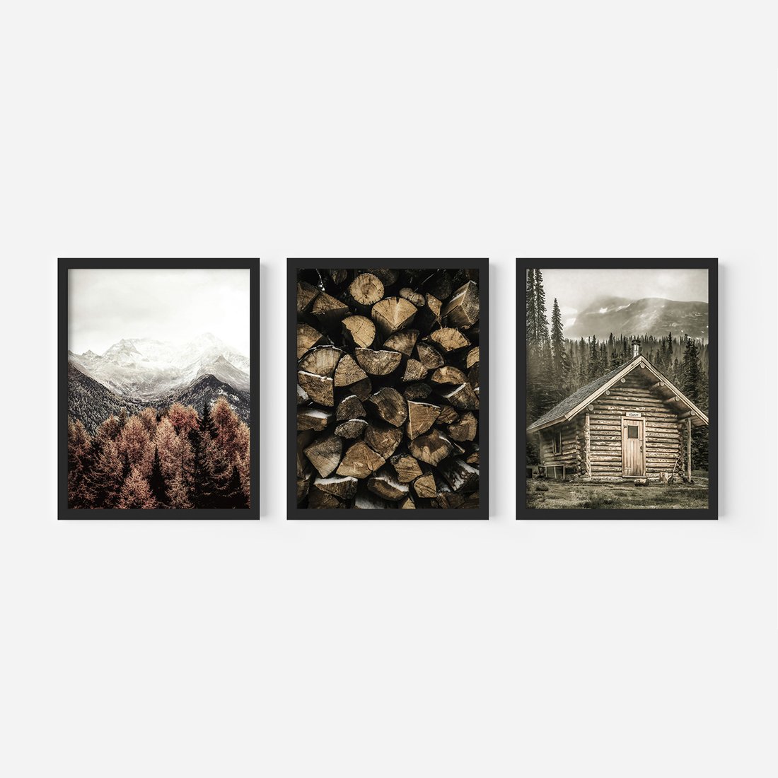 Zestaw obrazy w ramie, plakaty - góry, drewno, las - rama czarna