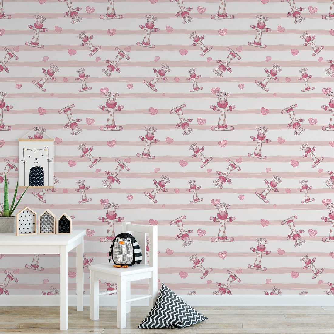 Tapeta - dziecięca, żyrafa, serce, paski