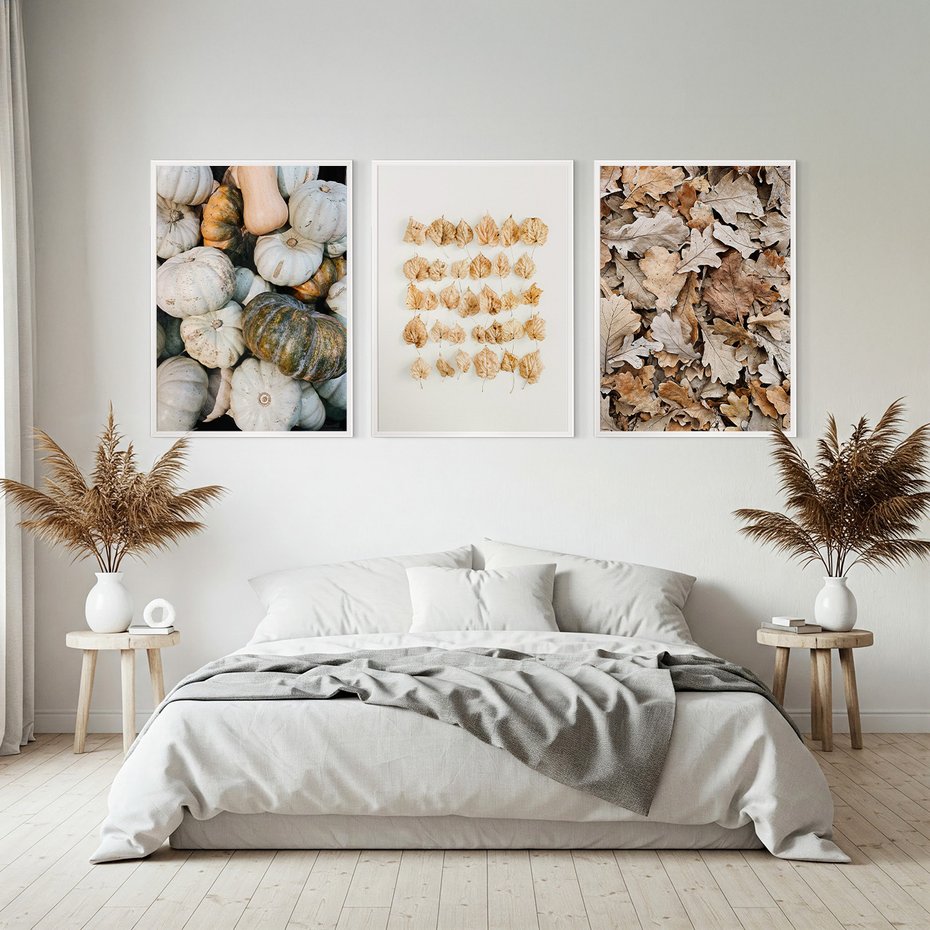 Zestaw obrazy w ramie, plakaty - dynie, liście, jesień - rama biała
