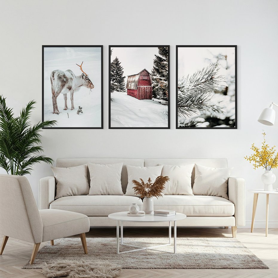 Zestaw obrazy w ramie, plakaty - renifer, śnieg, zima - rama czarna