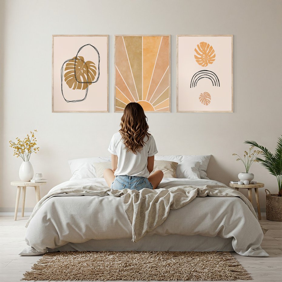 Zestaw obrazy w ramie, plakaty - liście, monstera, abstrakcja - rama drewno